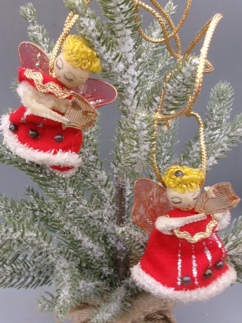 2 Spun Cotton Angel Ornaments Set in Red Velvet, Vintage Christmas Lot